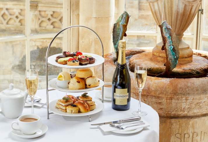 A Champagne afternoon tea with the spa water fountain in the background